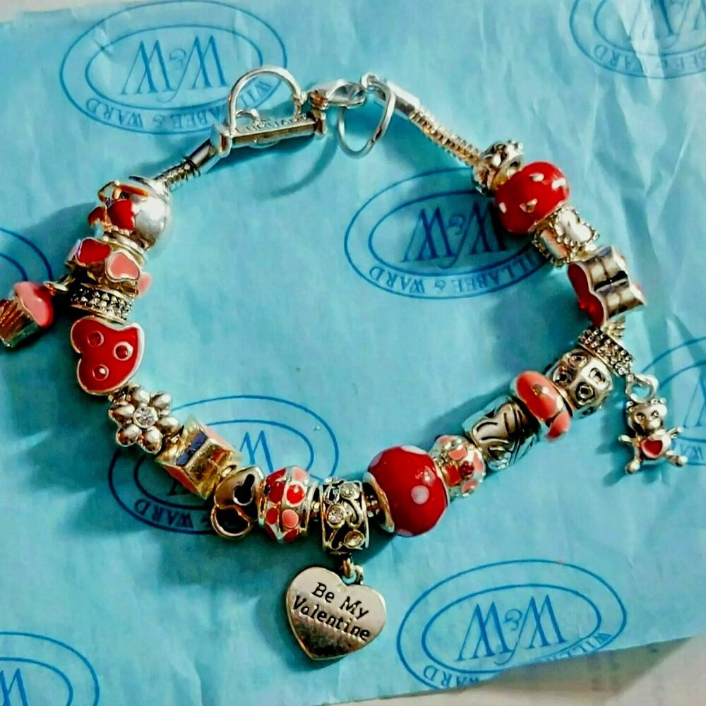 WILLABEE & WARD Monthly Charm Bracelet February Valentines Day Heart Glass Beads